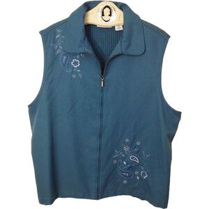 Alfred Dunner Floral Embroidered Cotton Ramie Rib-Knit Vest -16 Zipper Collar